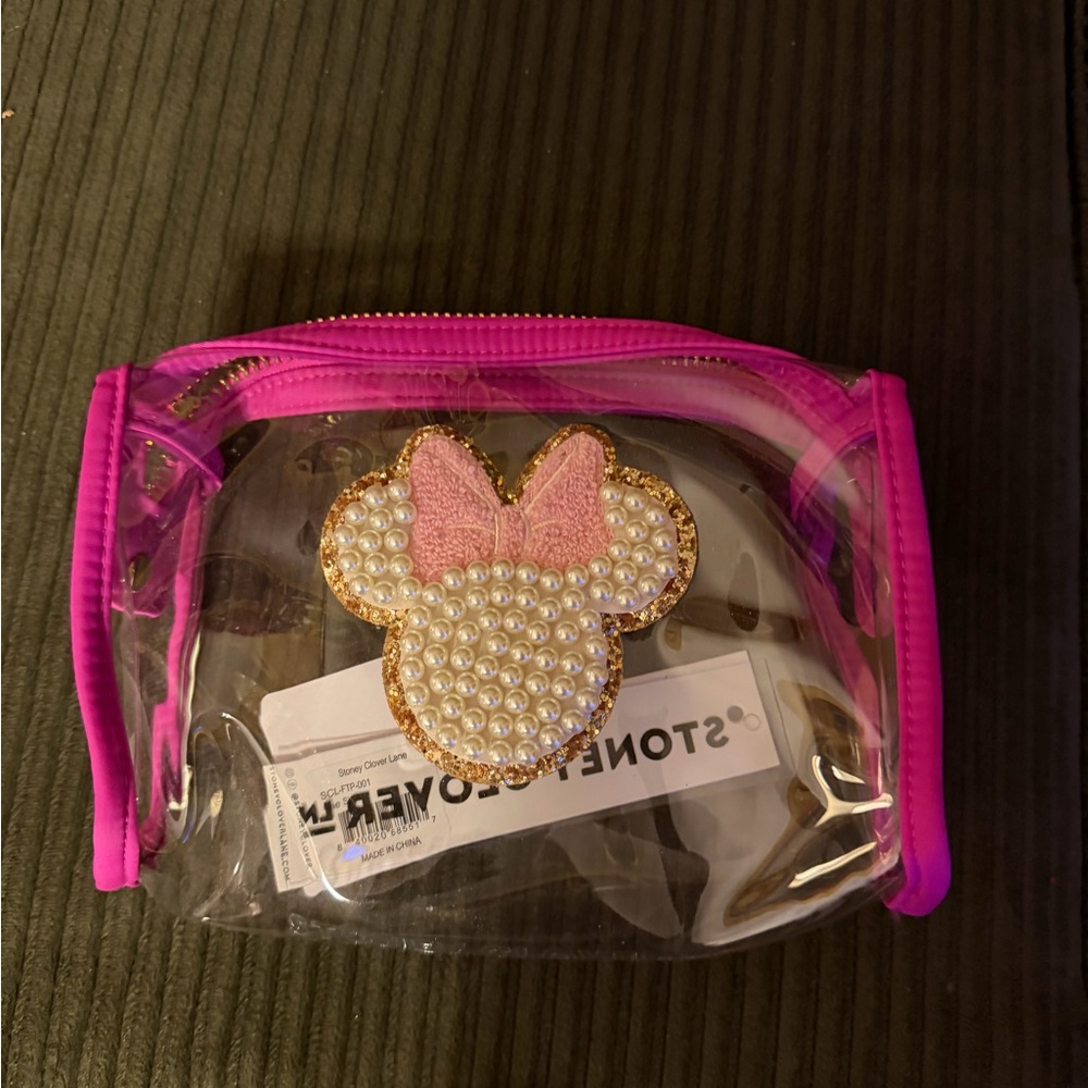 Stoney Clover Lane Clear Pouch with Pink Trim and Gold Pearl Embellishment.
